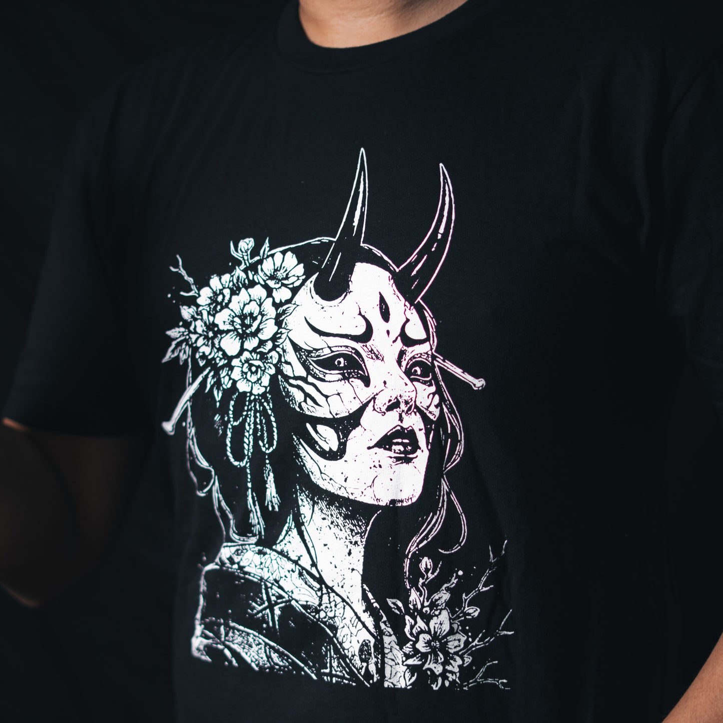 Eternal Bloom Graphic T-Shirt | Japanese Hannya Mask Dark Floral Art Tee