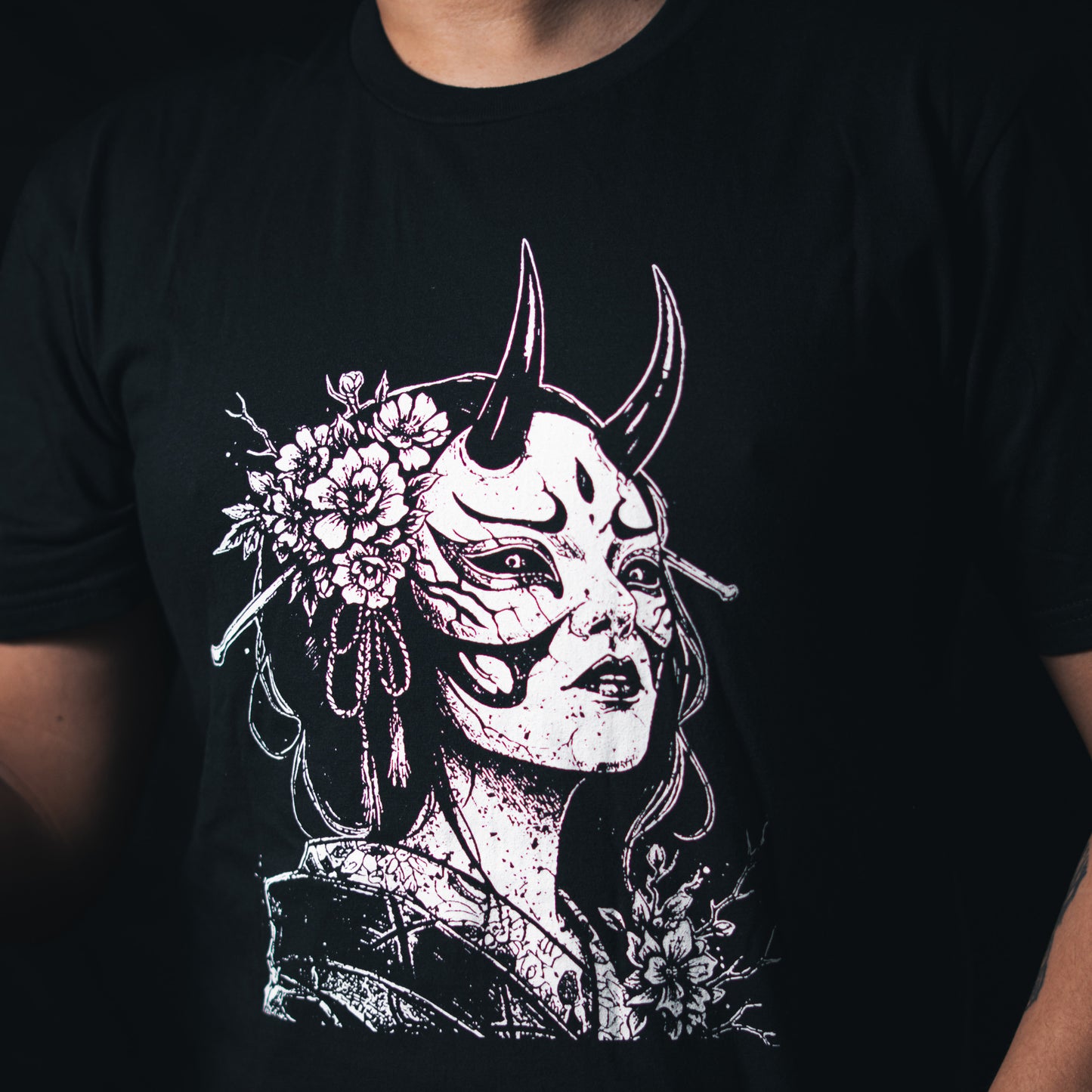 Eternal Bloom Graphic T-Shirt | Japanese Hannya Mask Dark Floral Art Tee