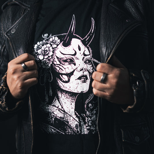 Eternal Bloom Graphic T-Shirt | Japanese Hannya Mask Dark Floral Art Tee
